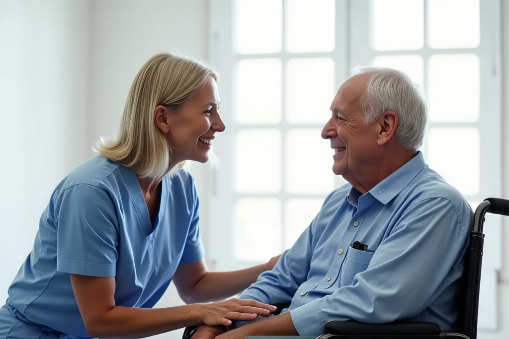Friendly healthcare worker supporting smiling elderly man in wheelchair with compassion and care.