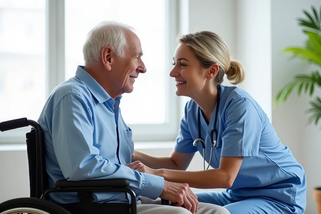 Elderly man smiling with compassionate nurse holding his hands in a caring healthcare setting.